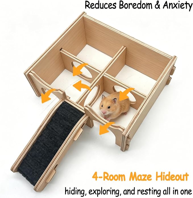 Wooden Hamster Hideout House,Multi-Chamber Syrian Hamster Hide Hut with Ladder Platform Bowls,Gerbil Explore Hiding Maze House Habitats Decor Accessories for Rat,Dwarf, Mice,Mouse