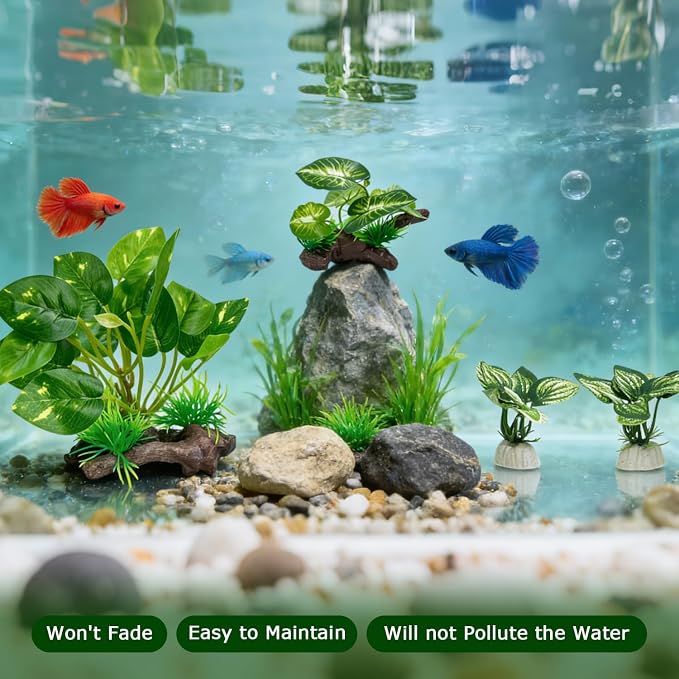 Silk Aquarium Plants Decor, 4PCS Realistic Fish Tank Plants Set with 1 Large 1 Medium 2 Small Artificial Underwater Weeds, Soft Betta Fish Tank Decorations for Aquascaping & Reptile Habitat