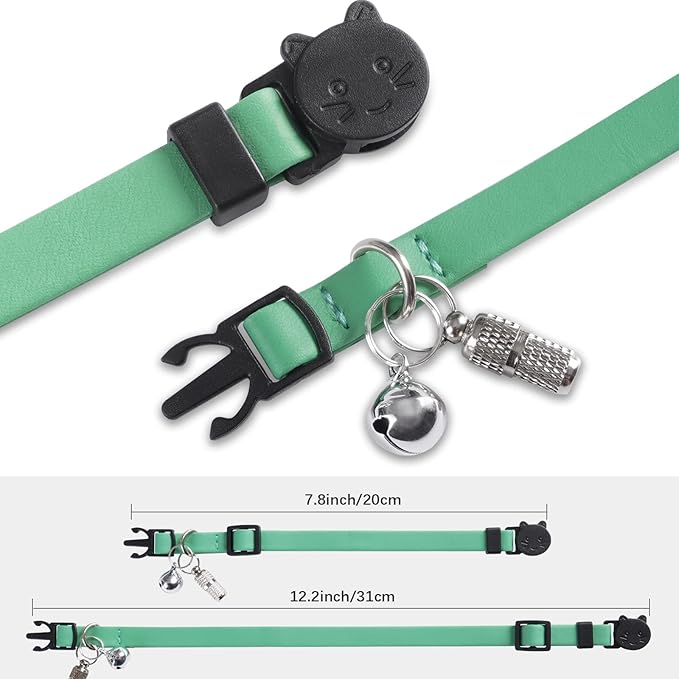 WROSWT Upgrade Breakaway Cat Collar with Bells, Soft Leather Kitten Collars with Name Tag,Safety Adjustable Buckle,Lightweight,Ideal for Girl Boy Cats,Puppies,2 Pack (Green+Blue)