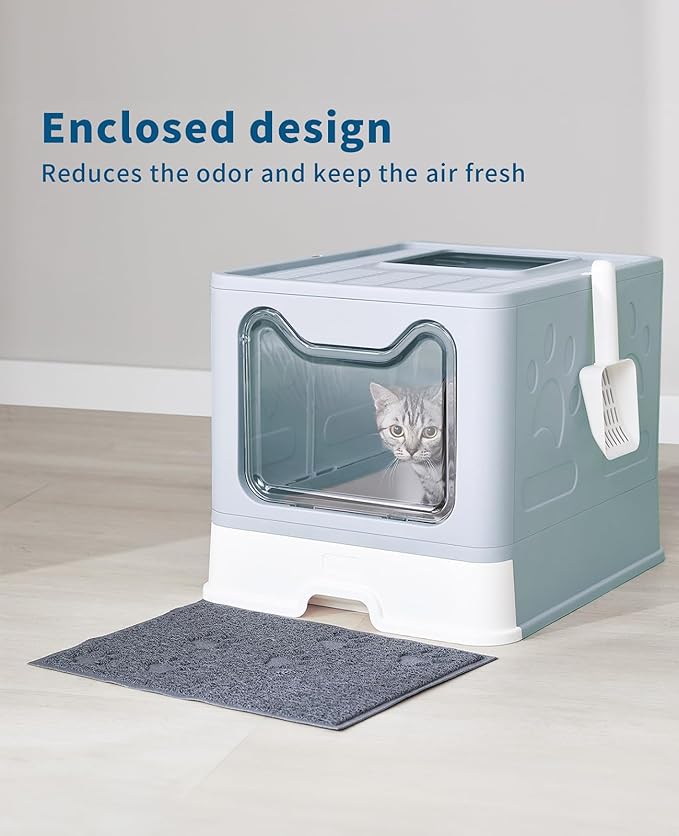 Medario Cat Litter Box with Litter Mat and Scoop, Large Covered Litter Box with Lid, Enclosed Kitty Box, Front Entry Top Exit, Odor Control, Easy to Clean (Blue)