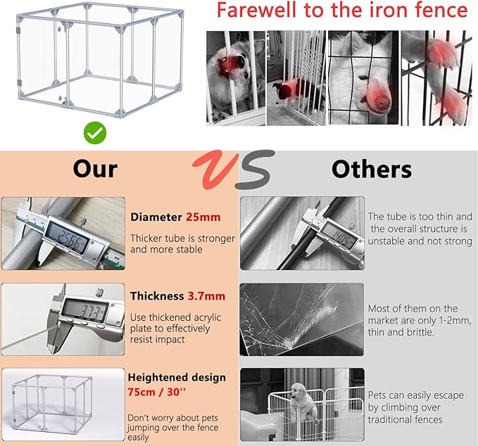 Clear Acrylic Dog Playpen, 10 Panels 29.5 Inch Tall Indoor Pet Play Pen with Door, Transparent Puppy Fence for Small Dogs, Dog Fence Crate Kennel Whelping Cage