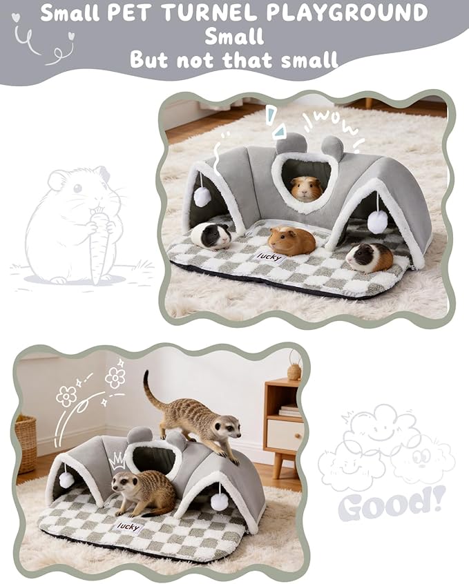 Extra Large Guinea Pig Hideout Tunnel, 3-Cave Small Animal Tunnel for Play Tube Toys Mat, Pet Tunnel for Dwarf Rabbits Bunny Chinchillas Hamsters Hedgehogs Ferrets and Rats, 22.05" × 16.14"× 5.51"