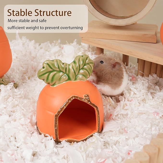 Ceramic Hamster Hideout, Hamster House and Habitat, Syrian Hamster Hideout Decor Cool Bed for All Season Gerbil, Mice Guinea Pig (Orange, Carrot)