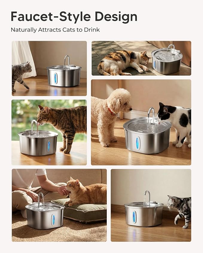 PEKTACO Stainless Steel Cat Water Fountain, 3.2L/108oz Cat Water Dispenser with Quiet Water Pump and Water-Level Window, Dishwasher Safe Pet Drinking Fountain for Cats with 6 Filters + 6 Sponges