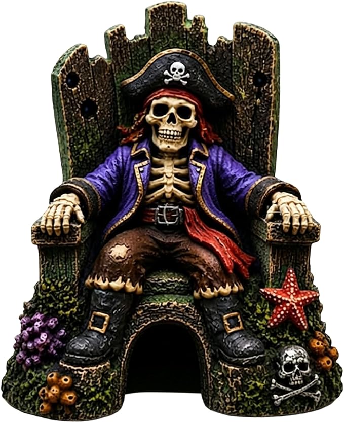 Pirate Skeleton Throne Aquarium Ornament Resin Fish Tank Hideout Cave for Small Fish Realistic Skull King Castle Decor 15cm Gothic Gothic Statues Freshwater Saltwater A