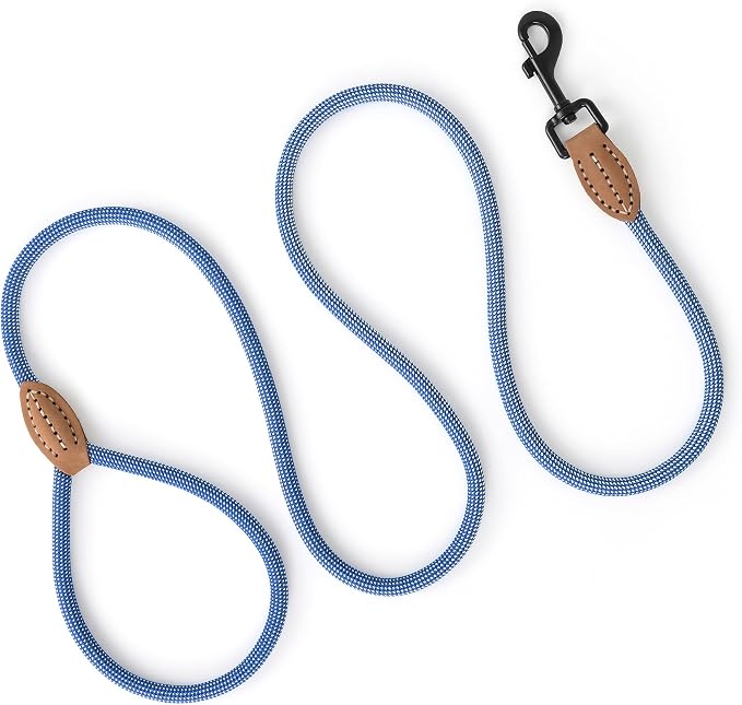Mile High Life Small Dog Leash, Thin Rope Leash with Genuine Leather Connection and Heavy Duty Metal Clasp, Great for Small Medium Dogs(Blue White,72 Inch-1/3)