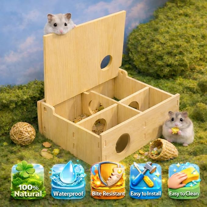 Wooden Hamster Tunnel Maze with Observation Skylight – Secret Peep Shed & Explore Hideout, Chewable Non-Toxic Enrichment Toy & Activity Center for Dwarf Hamsters & Young Syrians