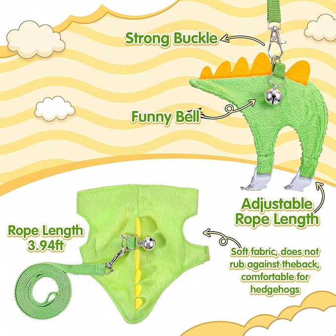 Dinosaur Shaped Harness and Leash Set, Adjustable Small Animal Harness for Hedgehog, Ferret, Guinea Pig, Hamster, Soft Plush Material, Safety Bell, Green