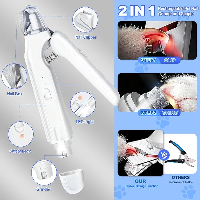 2-in-1 Dog Nail Clippers with Light - Electric Pet Nail Grinder Quiet for Small Large Dogs & Cats, LED Prevent Over Cutting, USB-C Rechargeable Safety Guard Grooming Kit for Black Nails