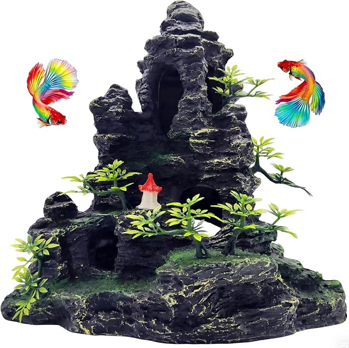 Large Aquarium Decoration Resin Fake Rock Mountain Ornament Landscape Castle Decoration Fighting Fish Reptiles Turtles Hiding Cave Fish Tank Ornaments Accessories - Height 10.7 inches (Green)
