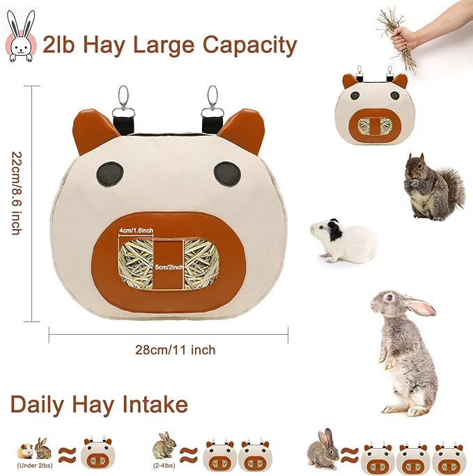 Rabbit Hay Feeder Bag, Hay Feeder for Guinea Pig Timothy Hay Feeder Dispenser Storage with 2 Hanging Hooks for Bunny Small Animal Cage Mess Free (Brown)