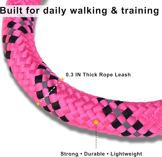 Dog Leash and Collar Set – 6 FT Strong Rope Leash with Padded Handle & Adjustable Nylon Collar Reflective for Small Medium Large Dogs (Pink, S)