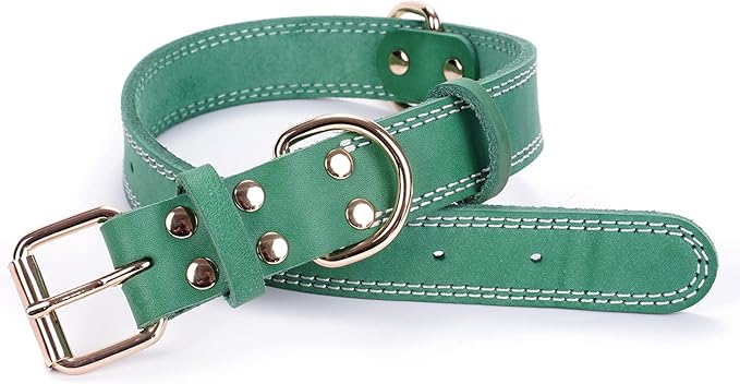 Leather Dog Collar, Heavy Duty, Wide, Genuine, for Medium & Large Dogs, Dual Stitch - Green