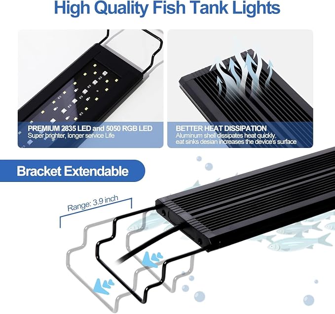 LED Aquarium Light, Full Spectrum Fish Tank Light with 9 Light Modes, Adjustable Timer/Brightness, 24/7 Mode Cycle Timer, Extendable Brackets for 12-22 Inch Freshwater/Saltwater Tank