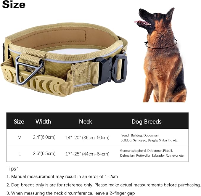 2.5" Tactical Dog Collar for Medium Dogs, Adjustable Heavy Duty Military Nylon Dog Collar with Reflective Stitching & Padded Handle for Hiking/Running/Training (Khaki,M)