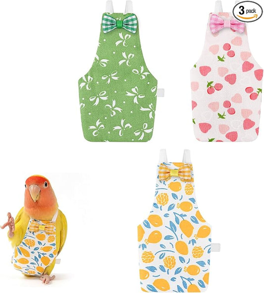 Bird Diaper Flight Suit, 3-Packs Lightweight Reusable Washable Elastic-Straps Parrot Clothes for Peony/Monk Parakeet, Prevents Poop Leaks & Feather Pecking (Bow+Lemon+Cherry, M)