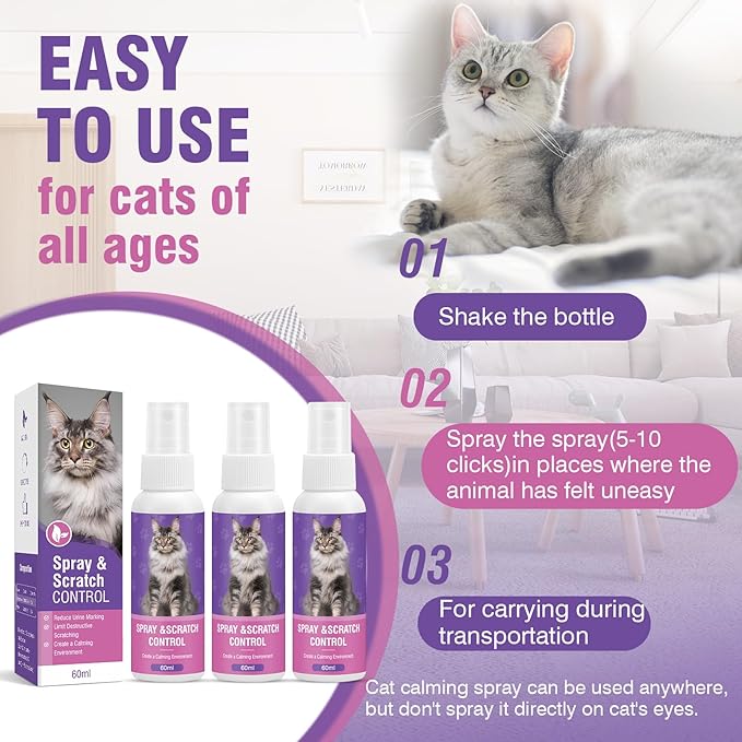 Cat Calming Spray Calming Solution for Cats Cat Pheromone Spray Reduces Stress Anxiety Scratching Calming Spray for Cats Good for Home Travel Cat Pheromones Calming Spray 60 ML 3 Pack