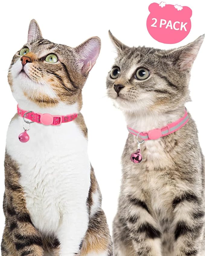 Taglory Reflective Cat Collar Breakaway with Bell, High Visibility Night Strip, Lightweight Adjustable Nylon Collar for Boy Girl Cats, 2 Pack, 7.5-12.5 Inch, Pink
