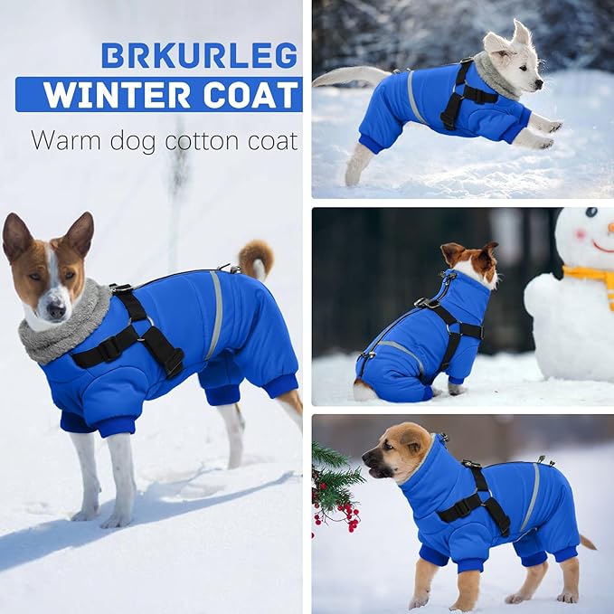 BRKURLEG Blue Dog Winter Coat, Cozy Winter Dog Jackets, Small Dogs Coat with Harness, Onesie Body Warm Puppy Christmas Jacket, Pet Reflective Cold Weather Jackets, Puppy Four-Legged Puffer Coats, S