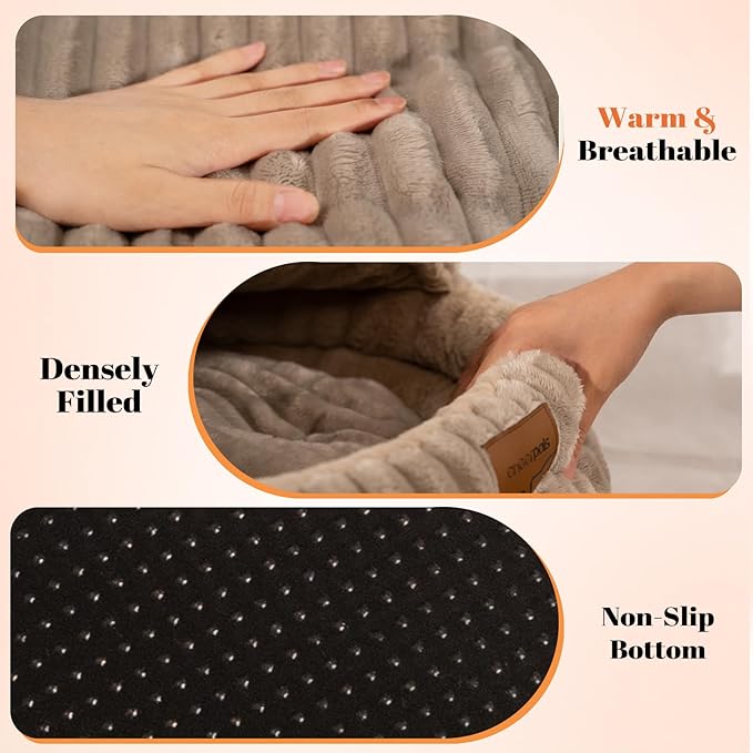 CHEERPALS Cat Cave Bed for Indoor Cats, Washable Covered Cat Bed Hooded Kitty Bed Soft Fluffy Pet Bed for Puppy and Small Dog(Khaki)