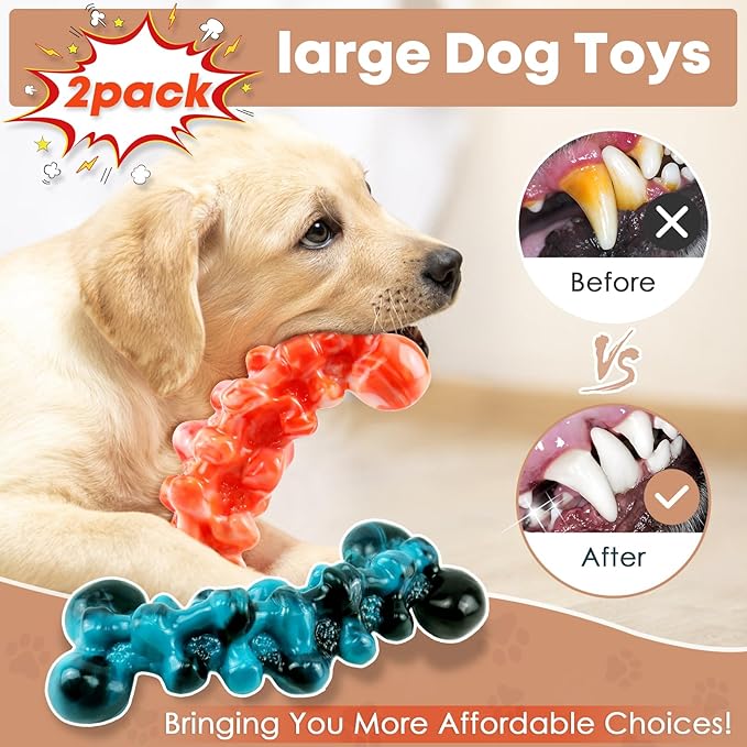 WOWBALA Dog Chew Toys for Aggressive Chewers - 2 Pack Tough Teeth Cleaning Chew Toys to Keep Them Busy for Medium & Large Dogs