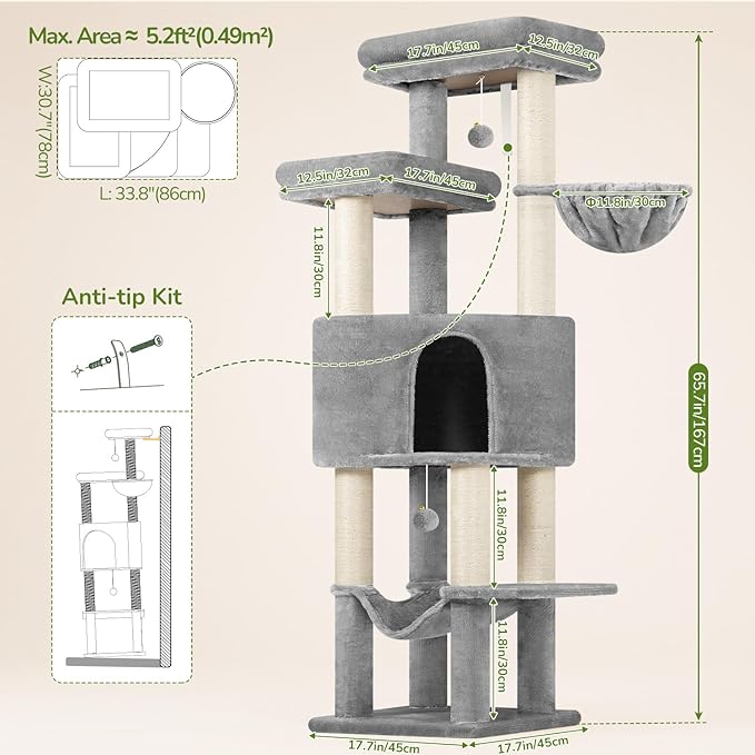 Globlazer Tall Cat Tree Tower for Large Adult Cats, Multi-Level Large 65 Inch Cat Scratching Tower with Hammock, 6 Scratching Posts, Basket and 2 Perches for Indoor Multiple Cats, F65D, Light Grey
