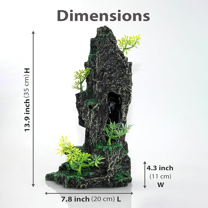 Aquarium Mountain View Stone Ornament, Large Resin Hideout Cave for Betta & Shrimp, Fish Tank Decor Rock Cave with Fish Cave and Hideouts (7.87" x 4.33" x 13.98")