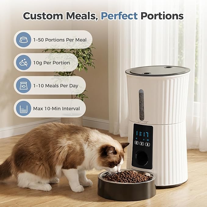 DUMOS Automatic Cat Feeder, 4L WiFi Timed Cat Food Dispenser with APP Control, 10s Voice Recorder, Dual Power Supply, Indoor Programmable Pet Feeder with Desiccant for Small Cats and Dogs, White