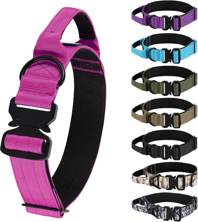 Tactical Thick Dog Collar, Adjustable Training Nylon Dog Collar, Heavy Duty Metal Buckle & Control Handle for Small Medium Large Dogs (M, Hotpink)