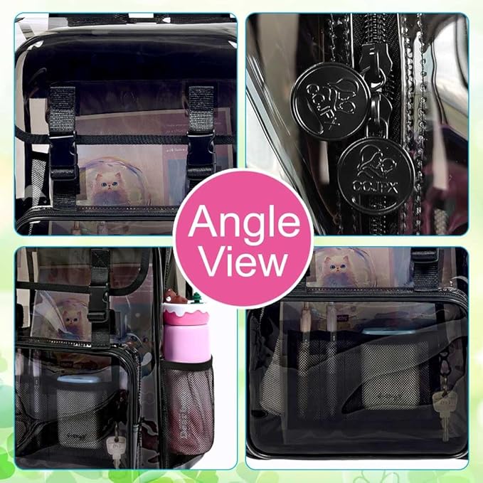 17" Flip Top Clear Backpack, Stadium Approved 3Pcs Set, Heavy Duty Transparent Bookbag for Gym/Concert (Dark Black)