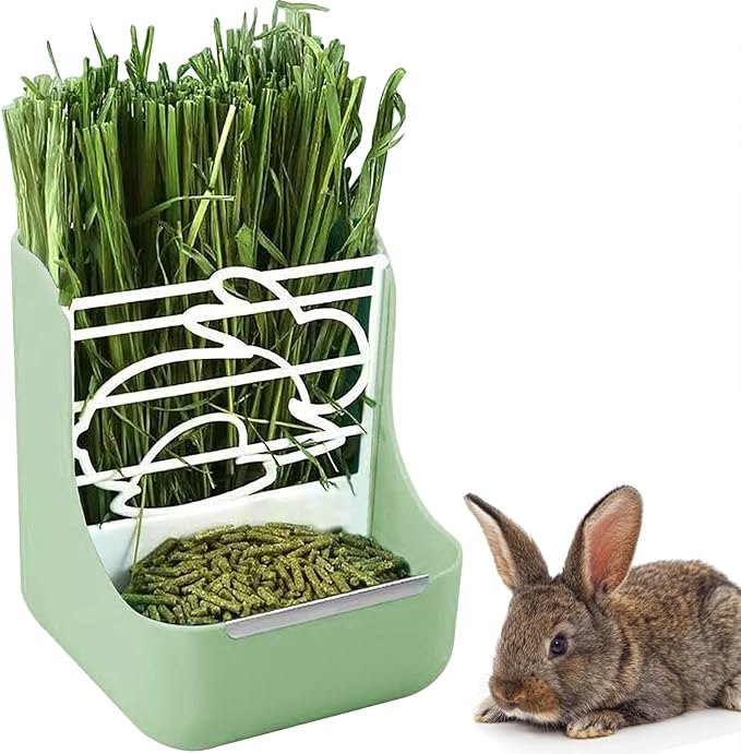 Rabbit Feeder, Hay Food Bin Feeder, Adjustable,Removable Grass Rack, Stainless Steel Edge, for Rabbit, Guinea Pig, Chinchilla (Green)