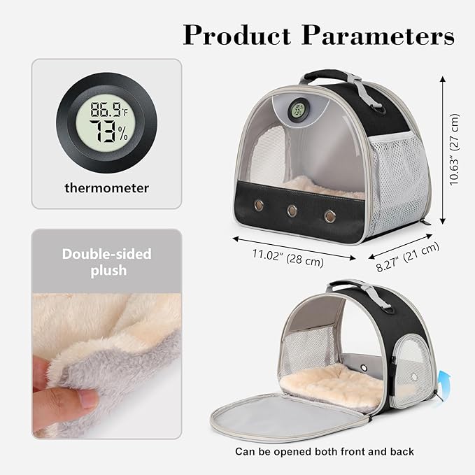 Bearded Dragon Carrier, Reptile Travel Bag with Built-in Thermometer Hygrometer, Breathable Small Animal Carrier with Clear View Window, Portable Lizard Habitat for Ball Python