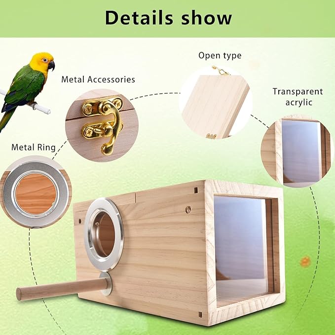 Bird Nesting Box Parakeet Parrot Breeding Nest Wooden Acrylic Transparent Bird House with Small Nest for Small Parrot Conure Lovebirds (Large)