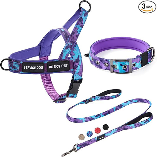 Annchwool No Pull Dog Harness,Heavy Duty Collar & Leash Set-Leash with Double Handle & Car Seatbelt Clip-Easy Control for Walking Training Medium Large Size Dogs(Camo Purple,XL)