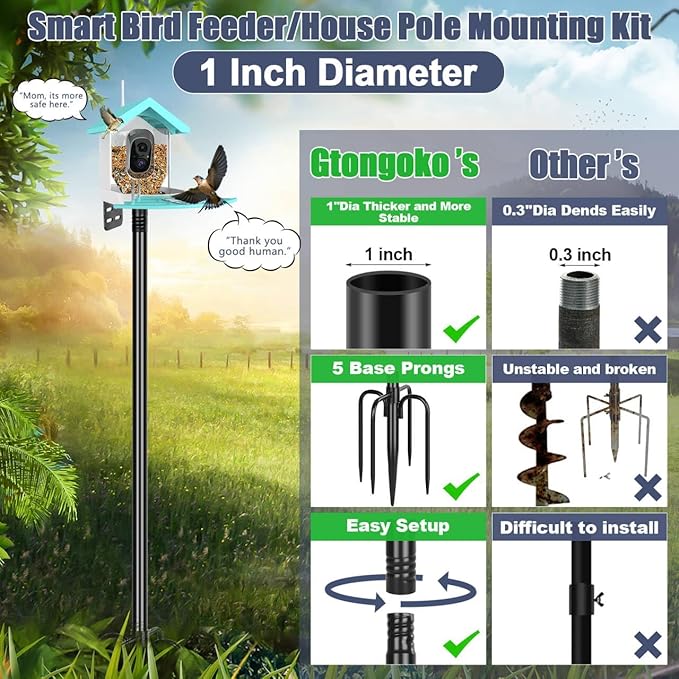 Gtongoko Smart Bird Feeder Pole 1-Inch Dia 2 Pack 79 Inch Bluebird House Pole for Outdoors Weather Station Heavy Duty Metal Mounting Kit Adjustable Bird Feeder Stand Black