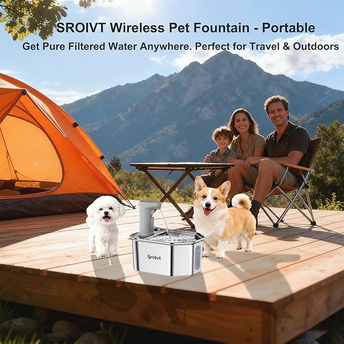 Cordless Cat Water Fountain Stainless Steel - Stainless Steel Cat Water Fountain Cordless - Water Fountain for Cats - Wireless Pet Water Fountain - Motion Sensor/Battery Operated 2.6L,4 Filters