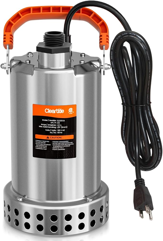 Stainless Steel Submersible Utility Water Pump, 1/2 HP 3180 GPH, Thermoplastic Portable Plug & Work, Ideal for Pool, Flooded Basement, Hot Tub, Pond & Garden Draining, 10 FT Cord