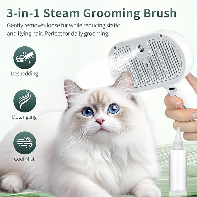 Pet Steam Deshedding Brush for Dogs & Cats – 3-in-1 Self-Cleaning Grooming Comb, Anti-Static Cool Mist Spray, USB Rechargeable, Reduces Shedding on Long & Short Hair Pets (White)