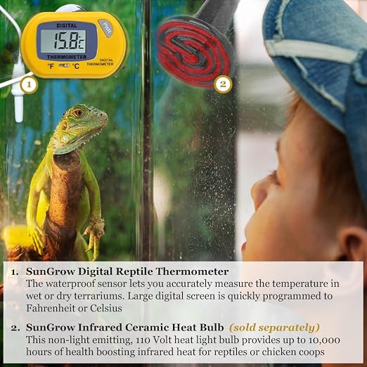 SunGrow Reptile Digital Thermometer, 1.5” x 2.3” x 0.5”, Easy to Read Display, Yellow, Battery Not Included, 1-Pack