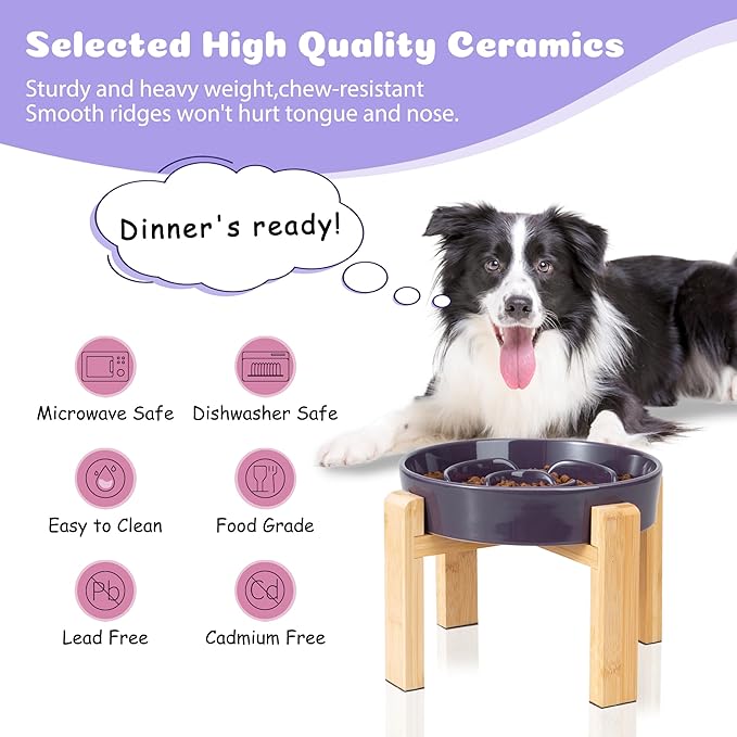Elevated Slow Feeder Dog Bowl Large Breed, 8.8 Inch Ceramic Slow Eating Bowl with Bamboo Stand, Anti-Choking Raised Maze Design for Medium to Large Dogs, 3.2 Cup, Purple