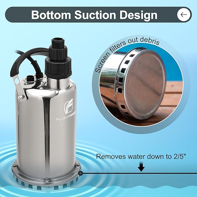 FLUENTPOWER 3/4HP Submersible Sump Pump, 3300GPH Stainless Steel Utility Water Pump, Manual Control with 26-Foot Cord for Pool Tub Garden Pond Basement Flood Cellar Draining