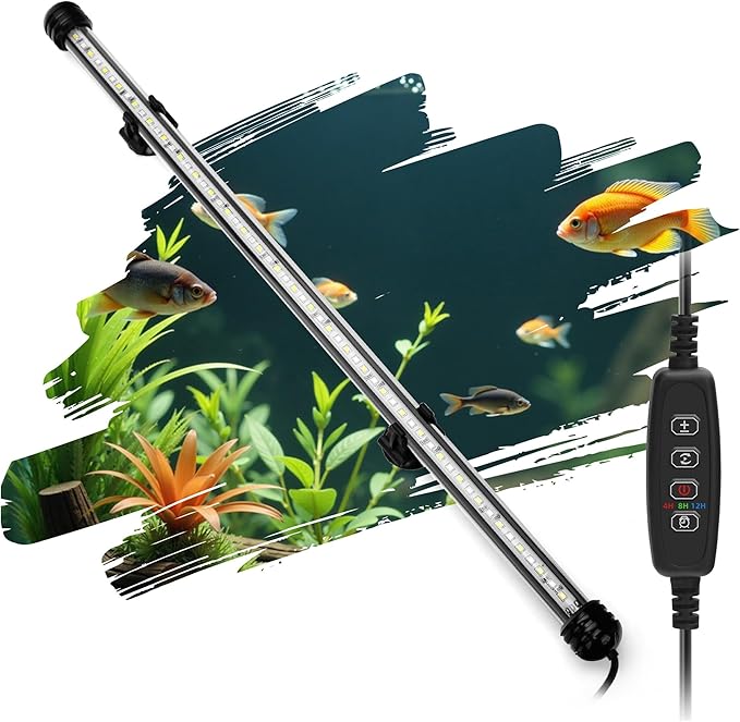 LED Submersible Aquarium Light 10W Underwater Fish Tank Light with Blue White&Blue and White Three Light Modes Timer Automatic On/Off and Dimmer Brightness Adjustable (19inch)