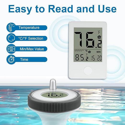 Pool Thermometer Floating Easy Read, Large Screen Digital Wireless Pool Thermometer, Waterproof Pools Water Thermometers, Floating Thermometer for Swimming Pools/Hot Tubs/Aquariums/Fish Tank
