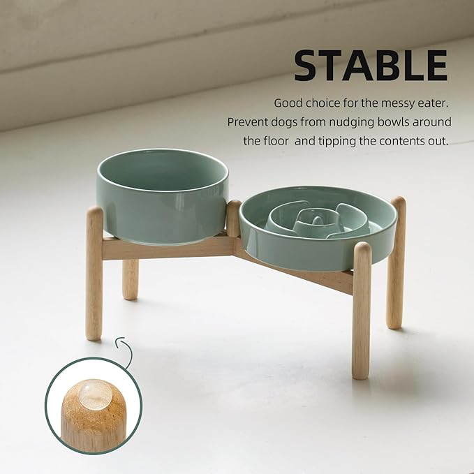 Havniva Ceramic 1.2 Cup Raised Slow Feeder Dog Bowl Set, Elevated 6.1inch Bowl and 7.3inch Puzzle Slow Food Dish with Wooden Stand for Medium and Small Dog, Anti-Gulping (2 x Light Green+ Stand)