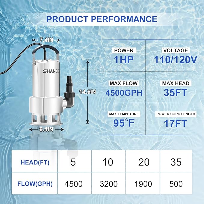 Sump Pump 1HP Submersible Water Pump 4500GPH Stainless Steel Electric Clean/Dirty Water Draining Transfer Pumps with Adapters for Pool Hot Tub Pond