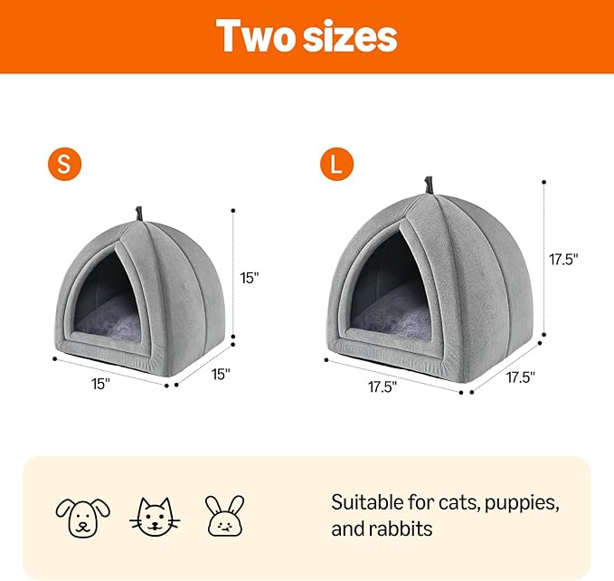 Amazon Basics Cat Cave Bed, 2-in-1 Foldable House for Indoor Cats, with Washable Cushion and Non-Slip Base, 17.5 x 17.5 Inches, Large, LightGray