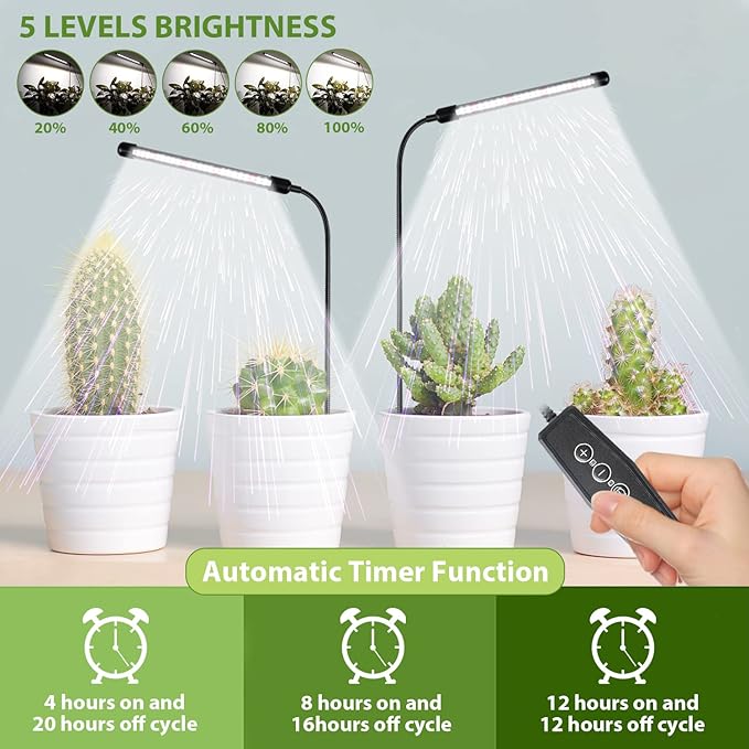Grow Light for Indoor Plants Growing, 6000K Full Spectrum Gooseneck Plant Lamp for Seedings Succulents Small Plants, Auto On/Off Timing & 5 Dimming, 1-Pack