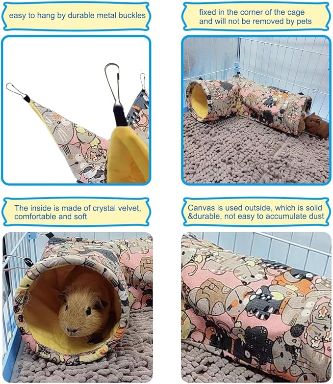 Guinea Pig Rat Tunnel Ferret Hammock, Small Animal Corner Tunnel & Tubes & Bed for Hedgehog Piggy Chinchilla Hideout Toys and Cage Accessories (3.Hammock&Tunnel, Pink cat)