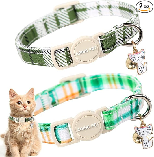 ARING PET 2 Pack Cat Collar-Cute Cotton Cat Collar with Bell & Pendant, Adjustable Spring Kitten Collars with Safety Buckle for Girl and Boy Pets