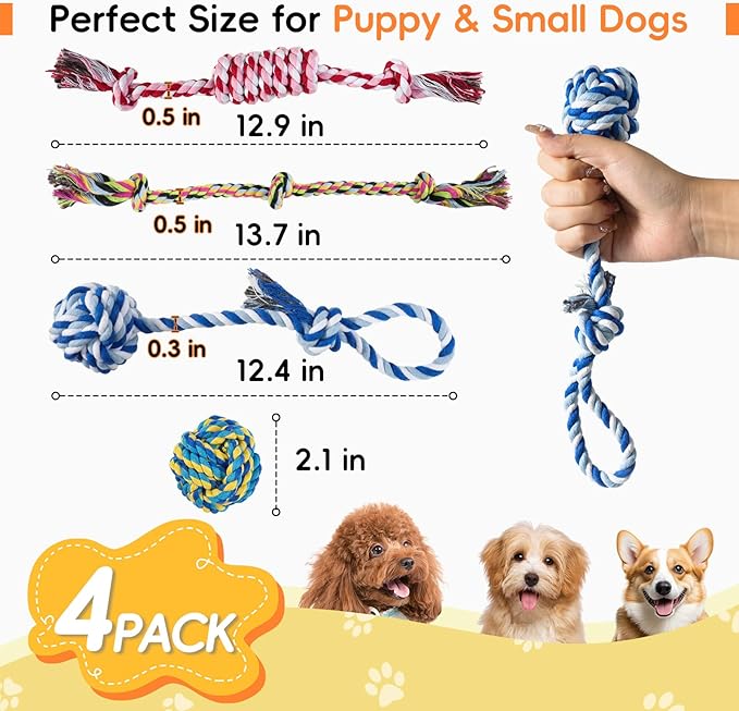 wodoca [4 Pack Dog Rope Toys, Puppy Teething Cotton Knot Chew Rope for Small Medium Dogs, Interactive Tug of War Dog Toys for Boredom, Teeth Cleaning